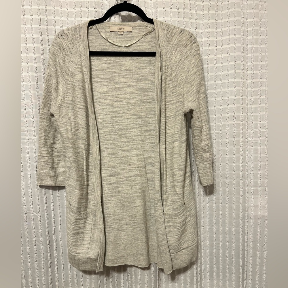 Loft Womens Medium Open Front‎ Cardigan Gray White 3/4 Sleeve
